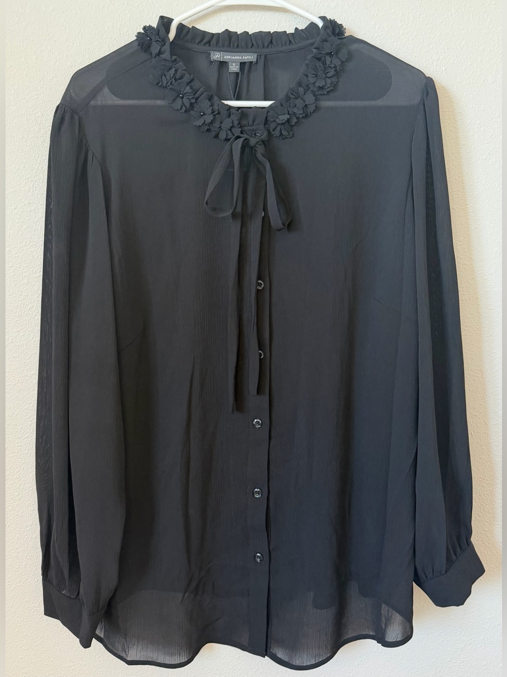 Adrianna Papell Black Floral-Trim Tie-Neck Blouse